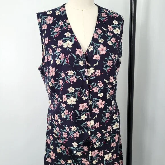 Vintage 90s FSTOP 2 Piece Navy Floral Maxi Button Front Skirt & Matching Vest - Picture 6 of 14